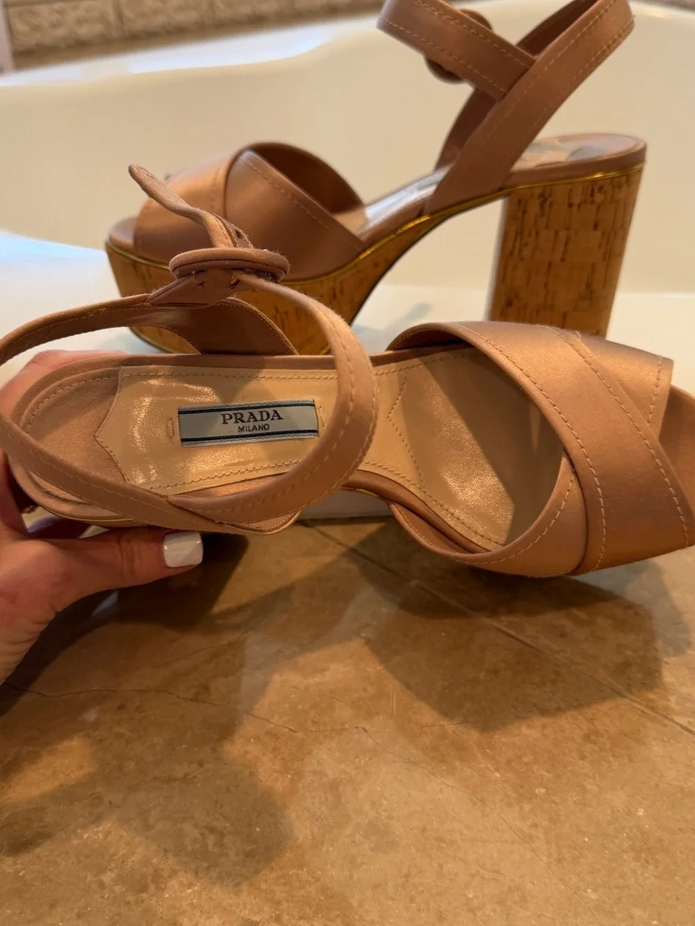 Prada Rose Blush Leather Crisscross Heels - Picture 4 of 5